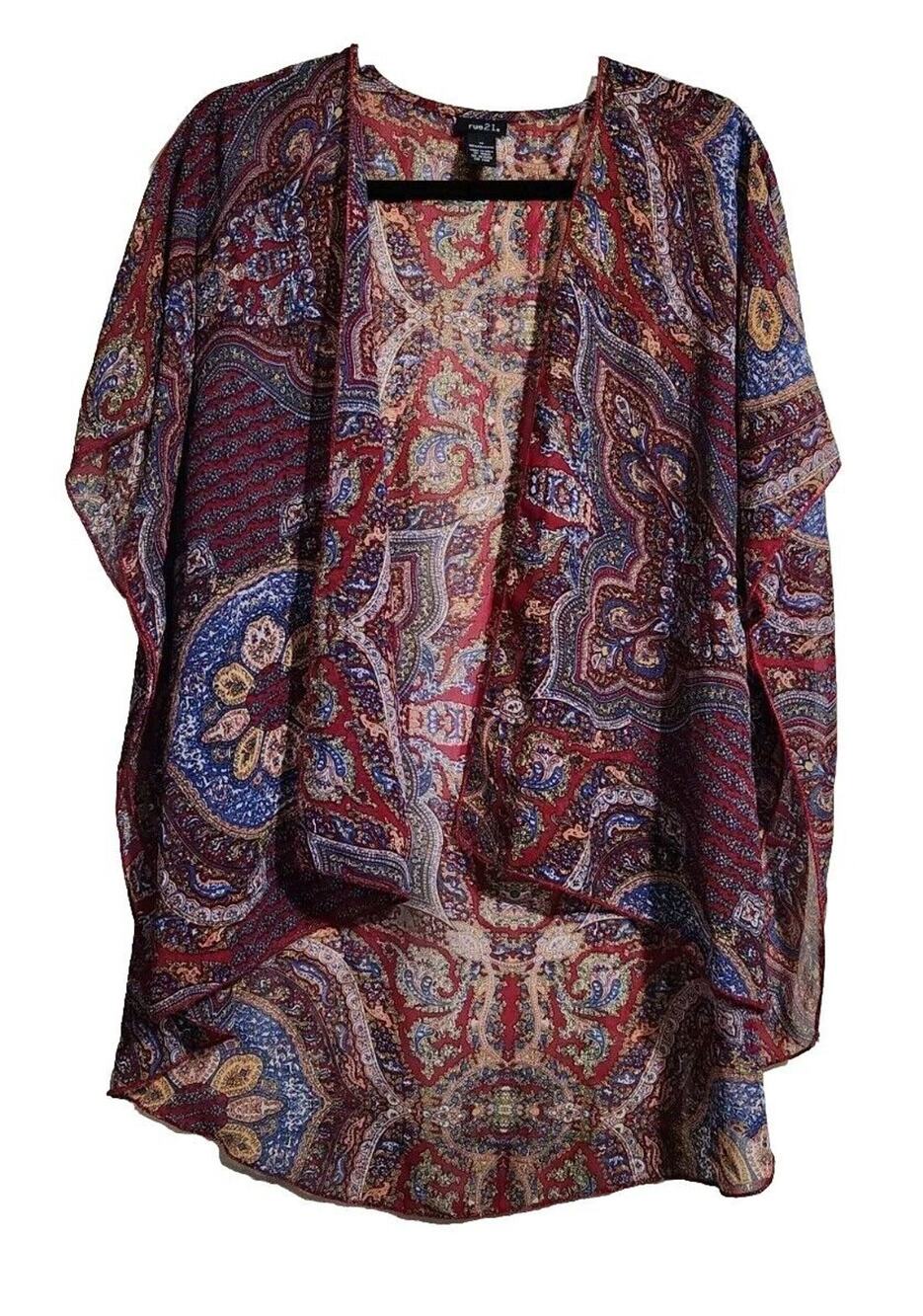 Rue21 Women's Kimono Topper Coverup Medium Sheer Paisley Red Multicolor Longline